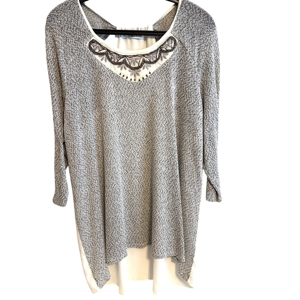 Maurices Womens Size 2 Grey Beaded Embroidered Top 3/4 Sleeve Dainty Night Out